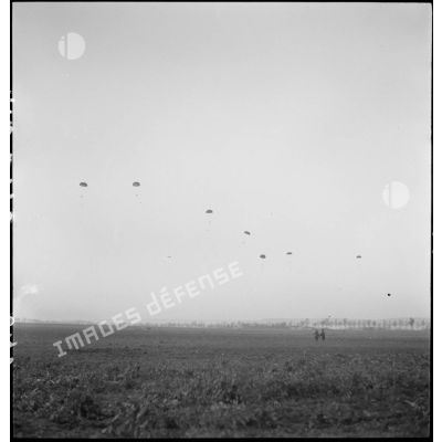 Descente d'un groupe de parachutistes français sur le sol d'Epernay.