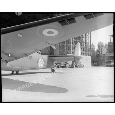 Cocarde de plan et insigne du fuselage sur l'avion de transport du général de Gaulle dans le hangar de Maison Blanche.