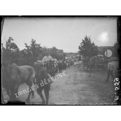 Souilly (Meuse). Soldats du Train conduisant leurs chevaux à l’abreuvoir. [légende d’origine]