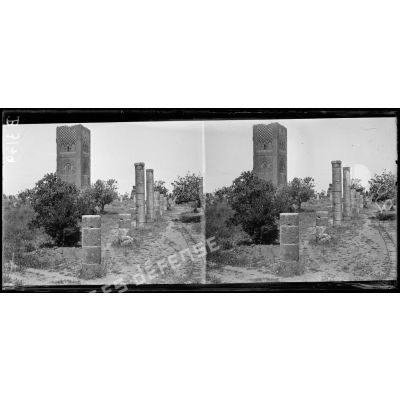 Rabat, la tour Hassan et les colonnes ruinées d’une ancienne mosquée. [légende d’origine]