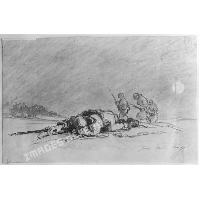 Paris, aux Arts décoratifs, croquis de guerre, de Georges Victor Hugo, Un mort sur le champ de bataille. [légende d’origine]