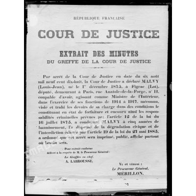 Paris. Affiche. Jugement de la Cour de Justice (procès Malvy). [légende d'origine]
